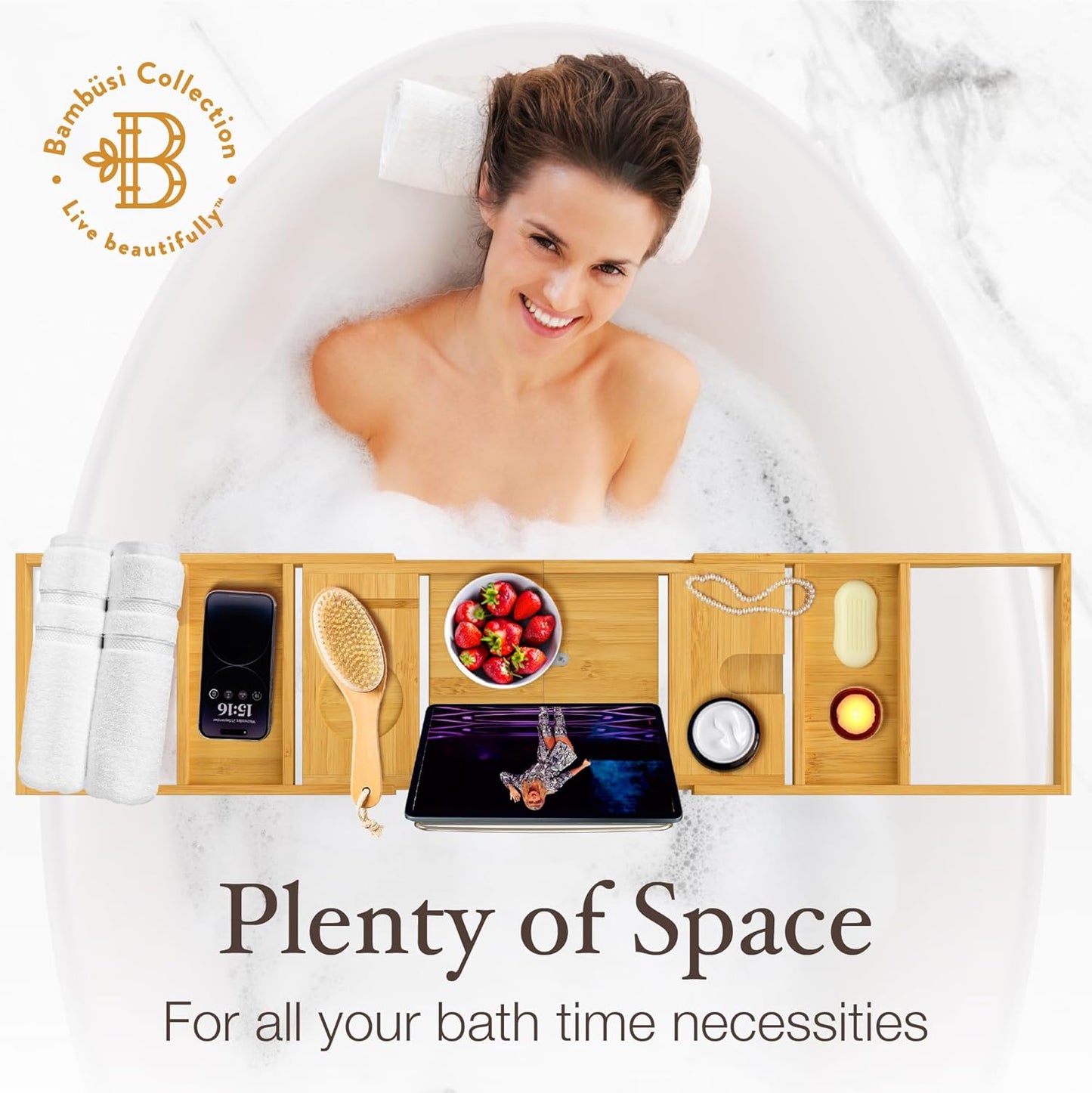 Expandable Bamboo Bathtub Tray with Wine Glass Holder and Book/Tablet Stand - Elegant Wooden Caddy for Spa Relaxation and Thoughtful Gifting
