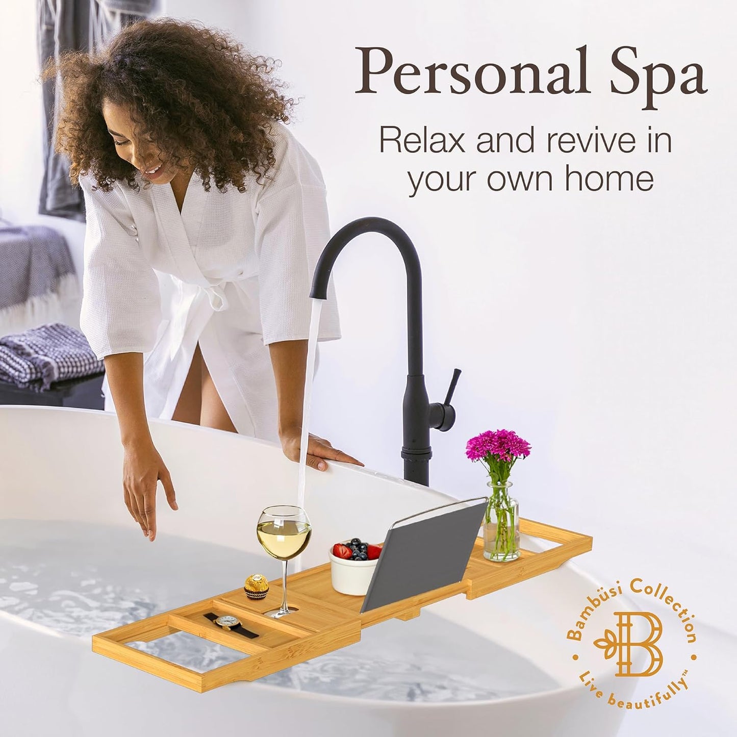 Expandable Bamboo Bathtub Tray with Wine Glass Holder and Book/Tablet Stand - Elegant Wooden Caddy for Spa Relaxation and Thoughtful Gifting