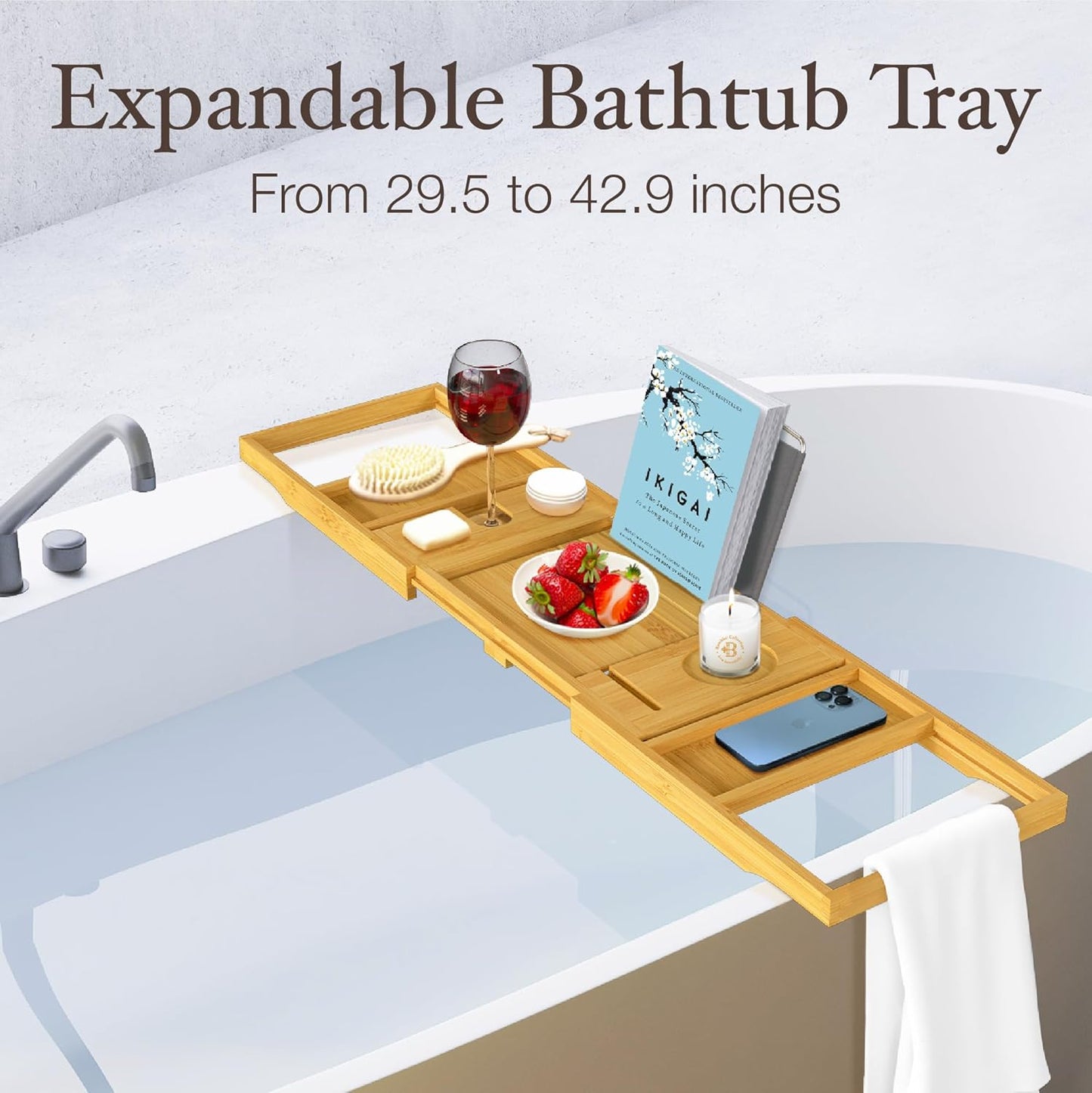 Expandable Bamboo Bathtub Tray with Wine Glass Holder and Book/Tablet Stand - Elegant Wooden Caddy for Spa Relaxation and Thoughtful Gifting