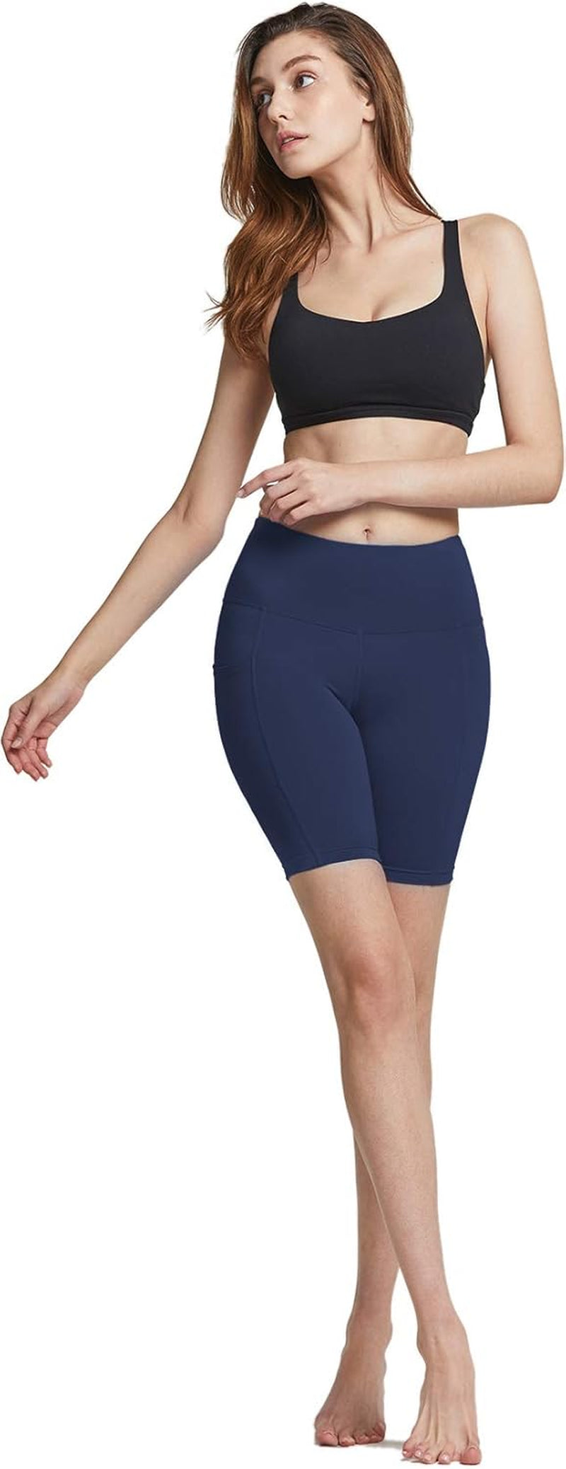 Women'S High Waist Yoga Shorts, Tummy Control Stretch Fabric with Pocket for Running, Workout and Exercise
