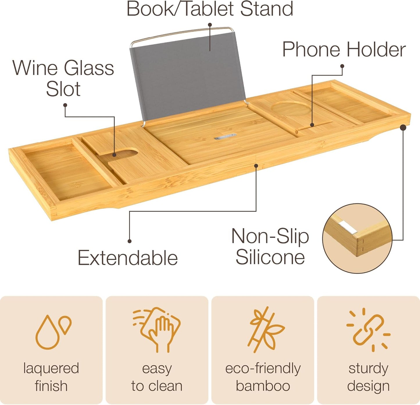 Expandable Bamboo Bathtub Tray with Wine Glass Holder and Book/Tablet Stand - Elegant Wooden Caddy for Spa Relaxation and Thoughtful Gifting