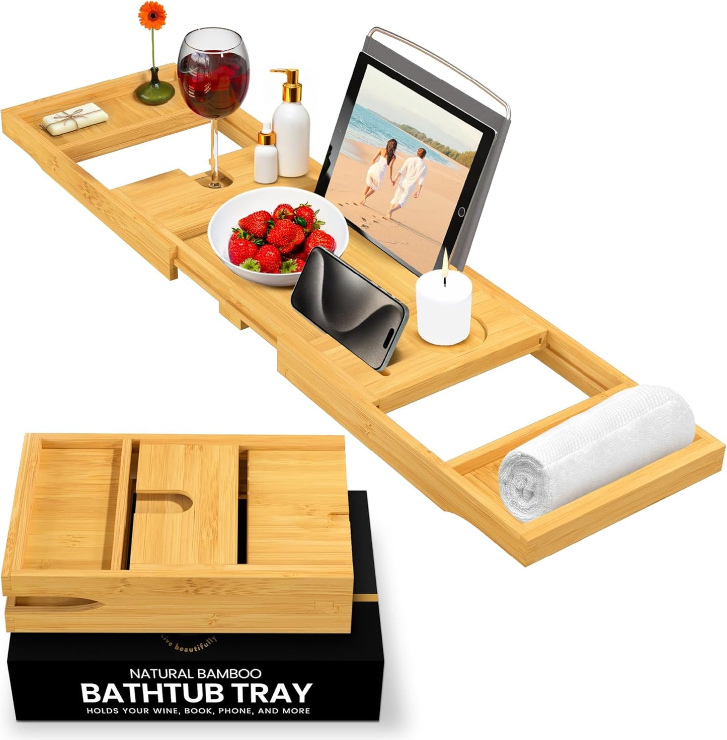 Expandable Bamboo Bathtub Tray with Wine Glass Holder and Book/Tablet Stand - Elegant Wooden Caddy for Spa Relaxation and Thoughtful Gifting