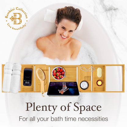 Expandable Bamboo Bathtub Tray with Wine Glass Holder and Book/Tablet Stand - Elegant Wooden Caddy for Spa Relaxation and Thoughtful Gifting