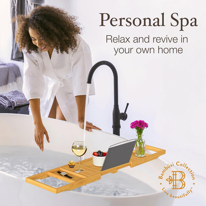 Expandable Bamboo Bathtub Tray with Wine Glass Holder and Book/Tablet Stand - Elegant Wooden Caddy for Spa Relaxation and Thoughtful Gifting
