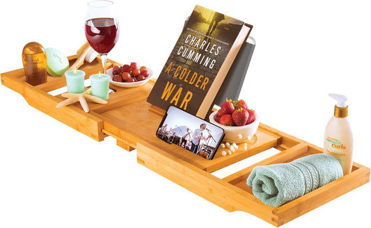 Expandable Bamboo Bathtub Tray with Wine Glass Holder and Book/Tablet Stand - Elegant Wooden Caddy for Spa Relaxation and Thoughtful Gifting