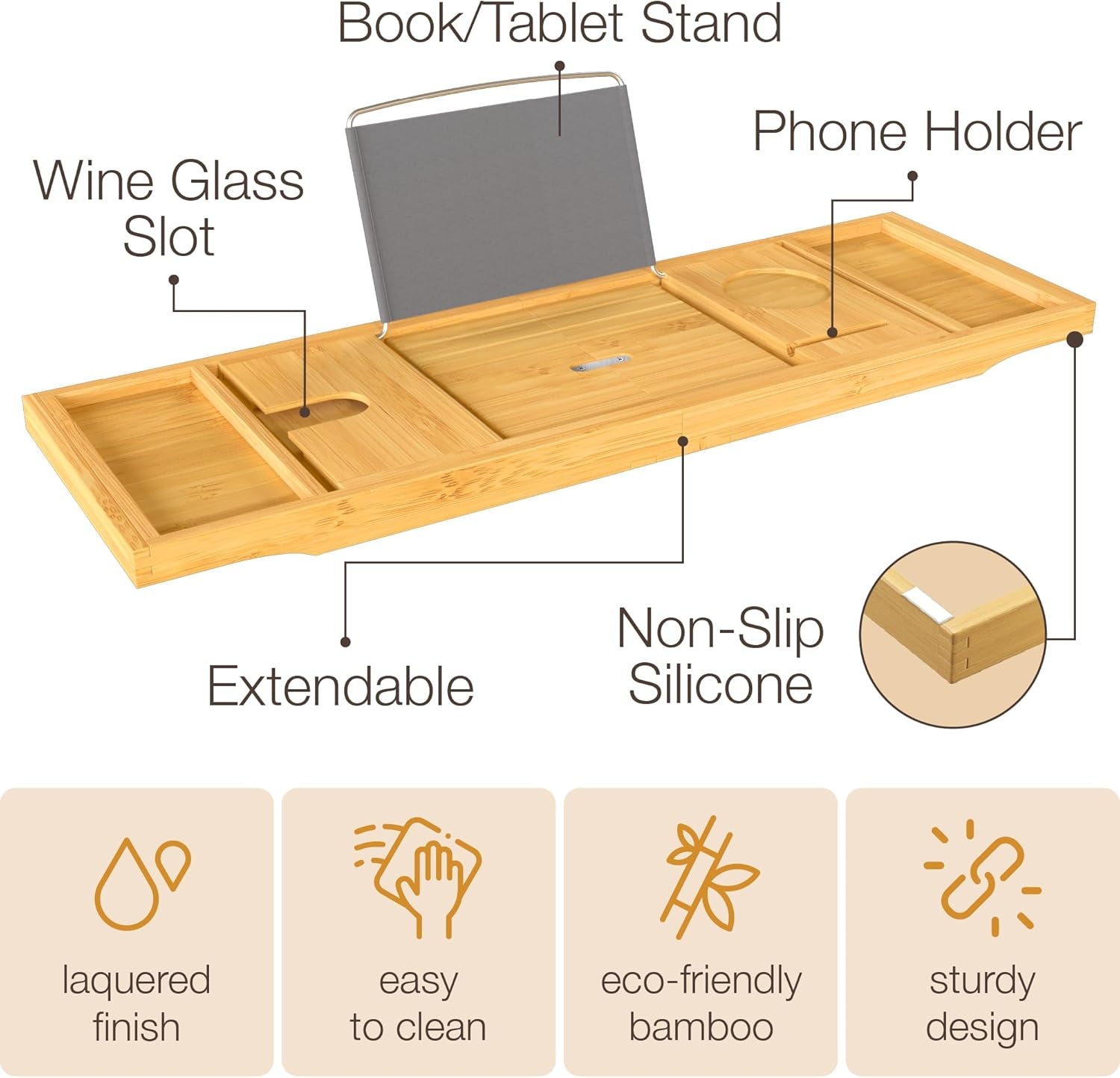 Expandable Bamboo Bathtub Tray with Wine Glass Holder and Book/Tablet Stand - Elegant Wooden Caddy for Spa Relaxation and Thoughtful Gifting
