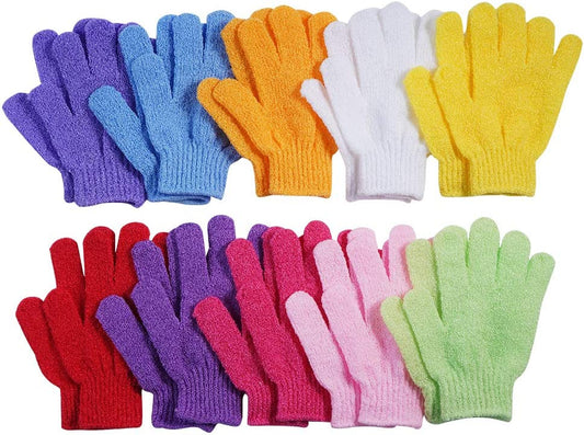 Exfoliating Gloves Set - 10 Pairs of Double-Sided 100% Nylon Gloves in 10 Colors for Spa, Massage, and Body Care