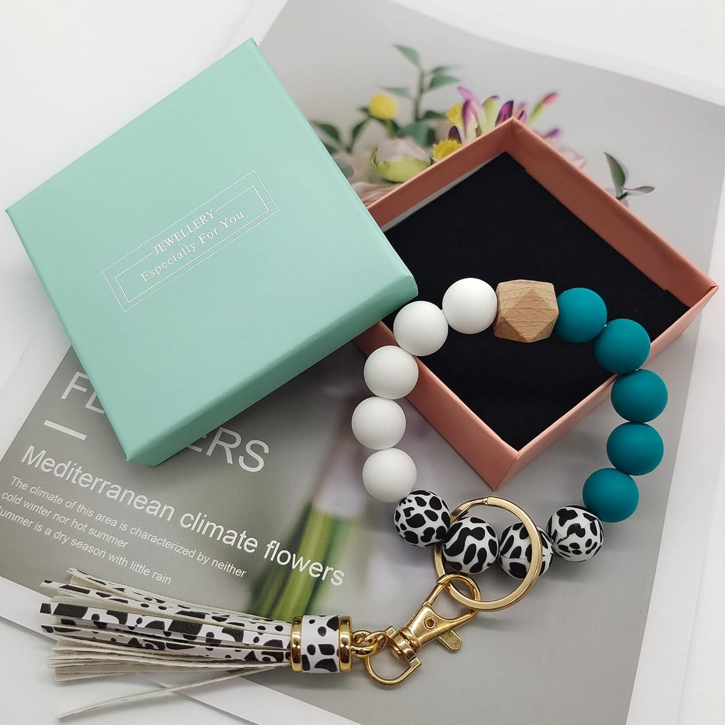 Women's Silicone Keychain Bracelet - Beaded Keyring Wristlet for House and Car Keys with Gift Box